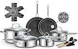 Ammeloo 17 Pcs Nonstick Stainless Steel Cookware Set, Hybrid Stainless Steel Pots and Pans Set Non Stick, Non Toxic Kitchen Cookware Sets, Dishwasher & Oven Safe, Induction & All Cooktop Compatible