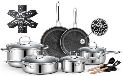 Ammeloo 17 Pcs Nonstick Stainless Steel Cookware Set, Hybrid Stainless Steel Pots and Pans Set Non Stick, Non Toxic Kitchen Cookware Sets, Dishwasher & Oven Safe, Induction & All Cooktop Compatible