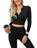 Hanyomo Damen Fitness Langarmshirts Yoga Fitnessstudio Crop-Top Sportbekleidung Trainieren Hemden mit Reißverschluss vorne Schwarz M