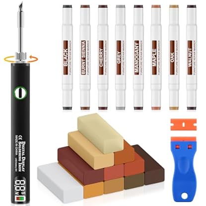 Foto di Set di riparazione per laminato, parquet e vinile con stucco per legno, strumento di fusione aggiornato a 11 colori, cera dura, 8 pennarelli a doppia punta. Ripara graffi, crepe, buchi e ammaccature