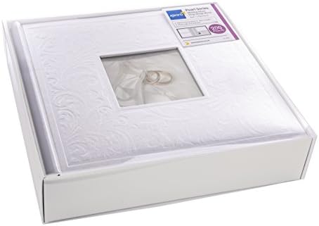 Kenro White Wedding Photograph Album for 200 Photos 6x4 inch / 10x15cm with Photo Window on Cover Finely Embossed Filigree Cover with Memo Space, Slip-In Pages, Pearl Wedding Ring Design  PL203