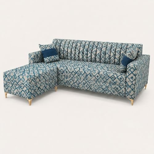 Image of FURNY Signature Regalia 4-Seater L-Shape Sofa Set with Movable Ottoman | Flexible LHS /RHS Layout | Tapestry Fabric | 40D Foam + Zigzag Spring | 3-Yr Warranty (Lagoon Mosaic Blue)