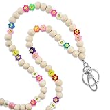 MyfavoriteK Happy Face Teacher Lanyard for Women id badge Keychain Cute Flowers and Smile Wood Beaded Lanyard for Nurse Work (Natural)