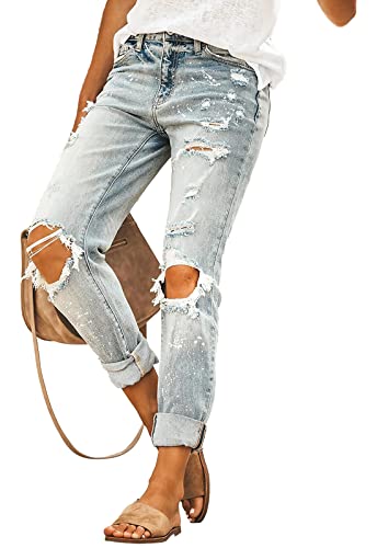 Hetipr Women's Ripped Boyfriend Jeans Mid Rise Loose Fit Distressed Stretchy Denim Pants Us Small, Light Blue #TOP3