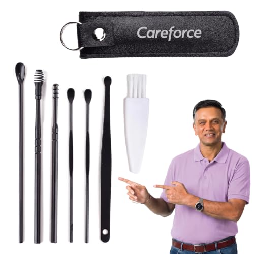 Image of Careforce - The Force Behind Your Health Ear Cleaning Kit Steel & Reusable With Storage Pack Tool Kit With Ear Curette Cleaner And Spring Ear Buds Cleaner 6 Pcs Set Black