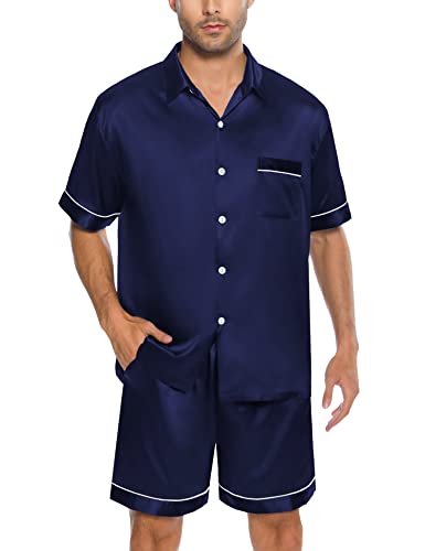SWOMOG Men Silk Satin Pajamas Short Sleeve Pjs Set Button Down Sleepwear Soft Lounge Set Nightwear with Pockets