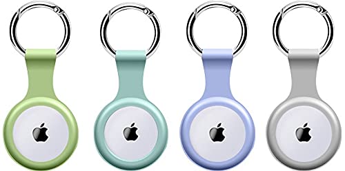 TNE 4 Pack Cases for Apple AirTags Case Airtag Holder with Key Ring Keychain Silicone Protective Cover Air Tag Cover for Backpack Suitcase Luggage Dog Cat Pet Collar (Blue, Green, Gray, Sea-Green)