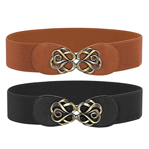 WERFORU 2 Pack 3 Pack Women Wide Stretch Belts Vintage Thick Elastic Waist Belts for Dress