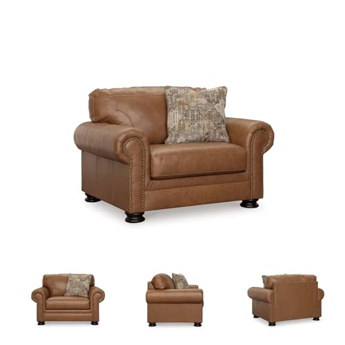 Image of Signature Design by Ashley Carianna Oversized Leather Accent Chair, Caramel | Top-grain leather seating, Durable faux leather outer panels, Extra-wide 54 in frame, Traditional living room style