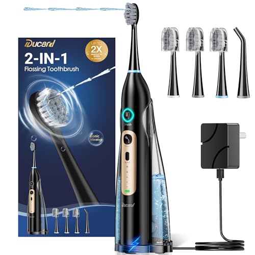 Electric Toothbrush with Water Flosser Combo, Professional Oral Care with 3 Brush Modes & 5 Water Pressure, Rechargeable Flossing Toothbrush for Adults Teeth Cleaning, Cordless for Home&Travel, Black