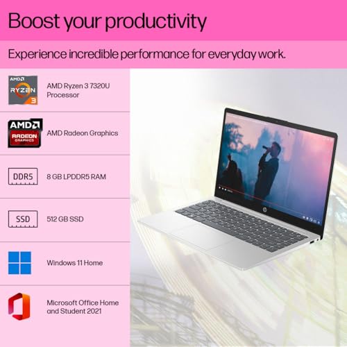 Image of HP 14, AMD Ryzen 3-7320U Laptop (8GB RAM, 512GB SSD), 14 inch /35.6cm, FHD, Win 11, MS Office 2021, Silver, 1.4Kg, Backlit Keyboard, Dual Speakers, em0025AU