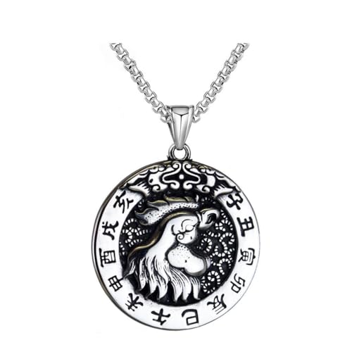 OAKKY Unisex Acero Inoxidable Personalidad Vintage 12 Horóscopo Redondo de la Suerte Colgante Placa de Identificación Horóscopo Signo de Cadena de Animales Reza Collar Amuleto Gallo