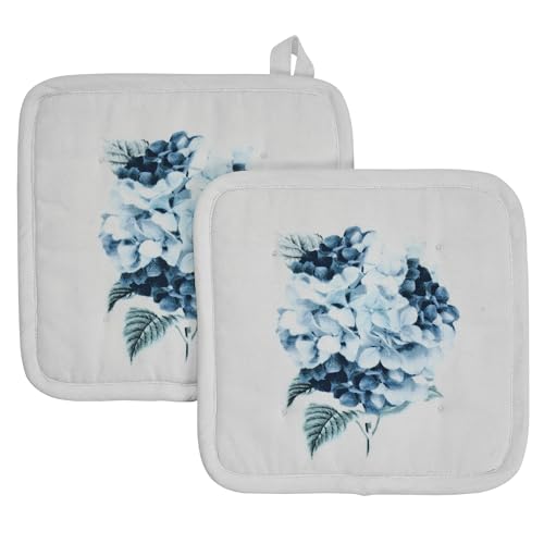 Finders Keepers Hydrangea Oven Mitt for Kitchen Eucalyptus Home Checkered Farmhouse Cottage Pot Holder Set of 2 8x8