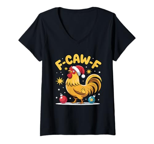 Womens Merry F-Caw-F Chicken Funny Christmas Rooster Lover Xmas V-Neck T-Shirt