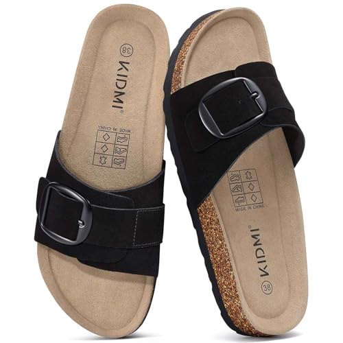 KIDMI Genuine Suede Cork Footbed Sandals for Women Comfortable Summer Slides with Buckle, Black 39