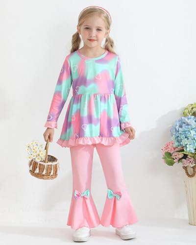 Toddler Girl Clothes Girls Fall Winter Outfits, Ruffle Long Sleeved Floral Shirts Top + Bell-Bottoms Flare Pants Set3