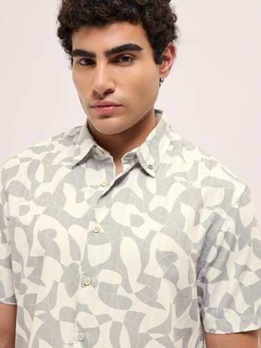 Image of THE BEAR HOUSE Men's Blue Tailored Fit Full Sleeve Cotton Printed Shirt