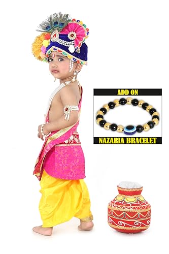 Image of Krishna Dress for Kids, Baby Krishna Dress for Janmashtami with Krishna Mukut, Peacock Feather & Flute Embroidered Krishna Costume for Girl & Boy, 3 Months-8 Years