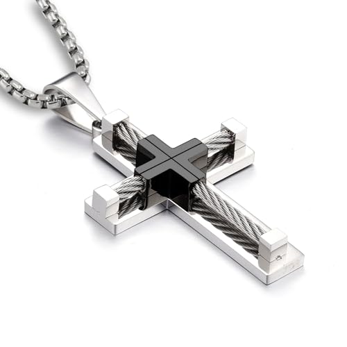 YL Men's Cross Necklace 316L Stainless Steel Large Jesus Christ Pendant White/Black Jewelry Rolo Chain for 24″ by YL - Used condition - US$27.33