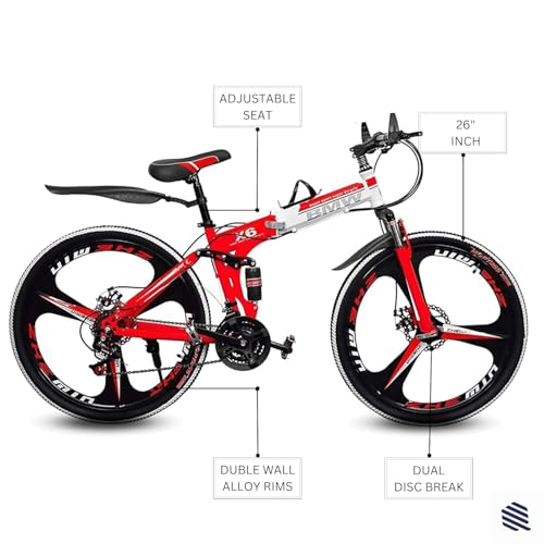 Image of Amaze Kai Dual Suspension Bikes Bmv Foldable Gear Cycle for Men with 21 Speed Gear 3 Spoke | Folding Mountain Bike with Double Disc Break & Mac Wheel, 26 Inch (red)
