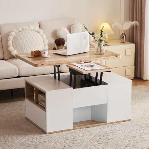 Merax Mesa de centro elevable multifunción con 2 mesas, altura ajustable, color blanco + color madera original, espacio de almacenamiento con cajones, 100 x 51 x 47 cm
