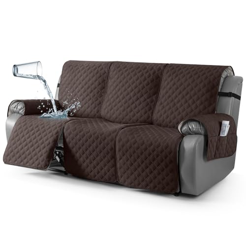 TAOCOCO 100% Waterproof Recliner Sofa Covers, Reclining Couch Covers with Leg Straps, 1-Piece Washable Recliner Sofa Cover with Pocket Couch Protector for Pets Kids(Chocolate, 3 Seater)