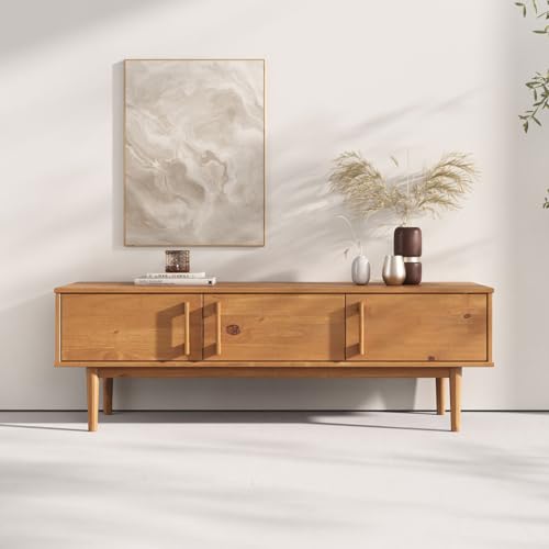 IDIMEX Meuble TV TECCA L 145 cm en Bois Massif Coloris Chêne avec 3 Portes, pour Téléviseur jusqu'à 65