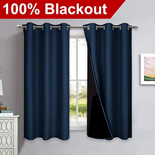 Image of NICETOWN 100% Blackout Short Curtain Panels, Thermal Insulated Black Liner Curtains for Nursery Room, Noise Reducing and Cold Blocking Drapes for Windows (Set of 2, Navy Blue, 37 inch Wide by 63 inch Long)