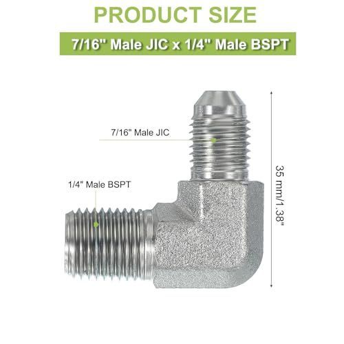 Image of PATIKIL 90 Degree Pipe Adapter, 7 /16 inch Male 37 Flare JIC x 1 /4 inch BSPT Male Connector Carbon Steel Elbow Fitting for Air Hydraulic Fluid Fuel Water Oil, Silver