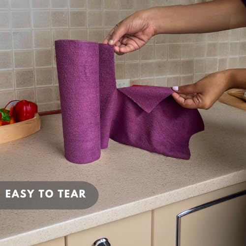 Image of Microfiber Tearable Cleaning Cloth Roll - 20 Pulls | Reusable, Super Absorbent, Easy to Tear | Ideal for Kitchen, Car, Electronics, and More | 180 GSM (Purple)