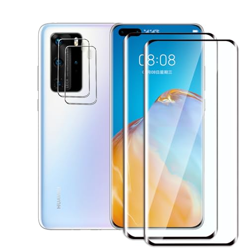 QZJinch 2+2 Piezas,Protector Pantalla para HUAWEI P40 Pro,3D Cobertura Completa,Ultra Transparente,Antiarañazos, Antihuellas,Sin Burbujas, Dureza 9H