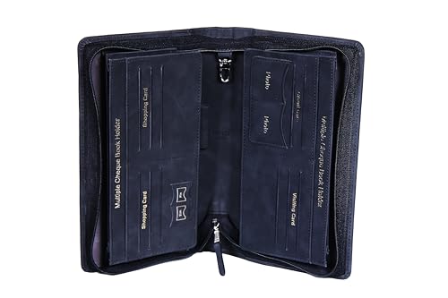 Image of Sukeshcraft Multiple Cheque Book Holder | Original PU Holds Upto 8 Cheque Books, 1 Pin-Sim Slot,14 Credit /Debit Card Slots with Matching Zipper (Pu- Black)