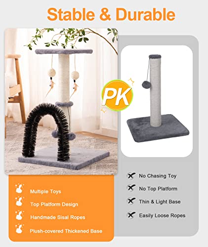 Cat Scratching Post with Self Groomer and Top Platform - Durable Sisal Cat Scratcher Stable Cat Scratch Post with Dangling Balls, Verstile Cat Scratching Poles for Indoor Cats (Grey)