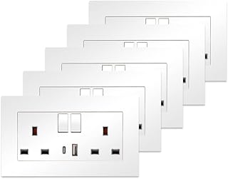 5 Pack CNBINGO Double Switched Power Socket with Dual USB Charging Ports (Type A and C), White 13 Amp Electric Wall Socket