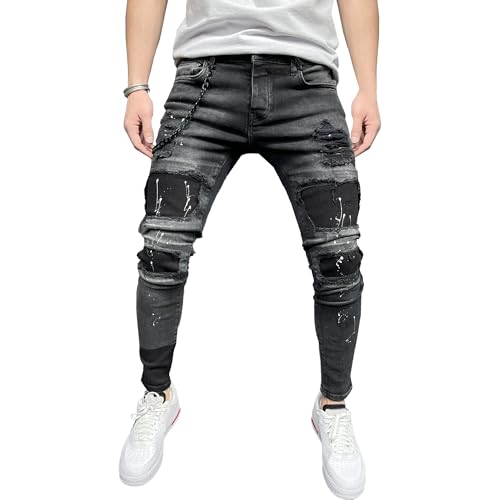 Men's Patch Ripped Stretch Jeans Destroyed Stretch Tapered Leg Jeaggings Casual Biker Skinny Denim Pants