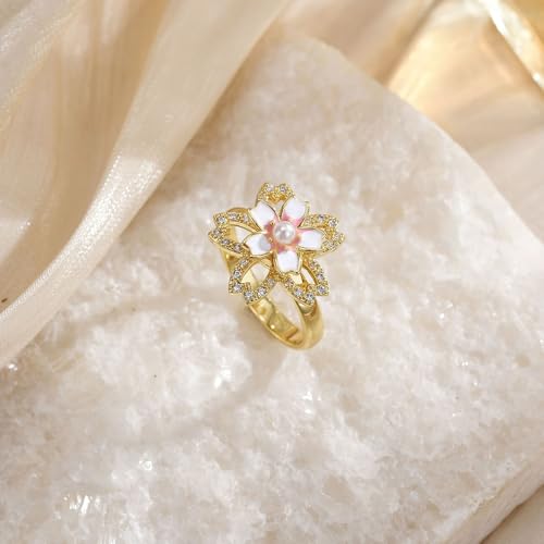 Cherry Blossoms Rotating Flower Fidget Spinner Ring for Women Hypoallergenic Gold Plated Crystal Floral Stress Relief Anxiety Rings Cubic Zirconia Open Adjustable Promise Wedding Band Trendy Jewelry3