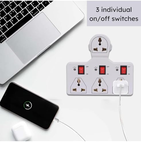Image of Multi-Plug Extension Board, 3 Outlet Sockets with Individual Switches, LED Indicators, White, Universal Compatibility