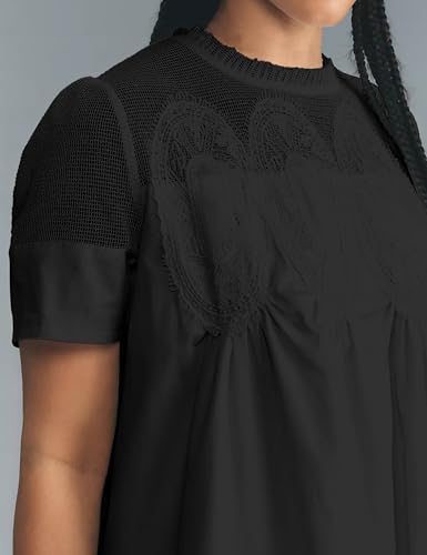 Womens Summer Lace Mini Babydoll Dress Ruffled Collar Short Sleeve Loose Mesh Swing Elegant Flared Sundress3