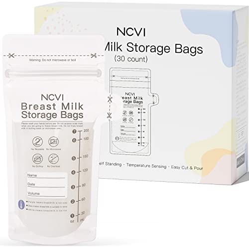 Image of NCVI Breastmilk Storage Bags, 30 Count Milk Storage Bags for Breastfeeding, 7oz Breast Milk Storage Bags with Temp-Sensing, Doubled-Sealed, Hygienically, Self Standing, Easy Pour Spout, BPA Free