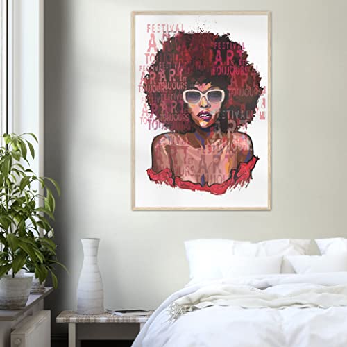 Affiche femme africaine afro 70 x 100 cm avec cadre bois foncé pour grand portrait mural