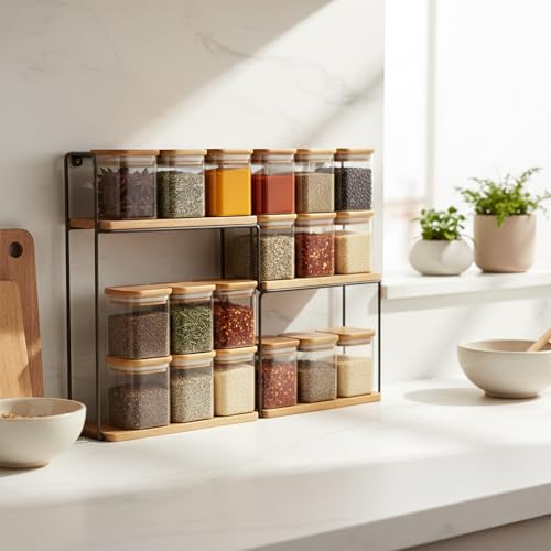 Image of Airtight Square Glass Storage Jar with Bamboo Lid 220ML Pack of 12 | Borosilicate Multipurpose Kitchen Container for Coffee, Tea, Sugar, Masala, Spices & Dry Fruits | Transparent Pantry Organizer