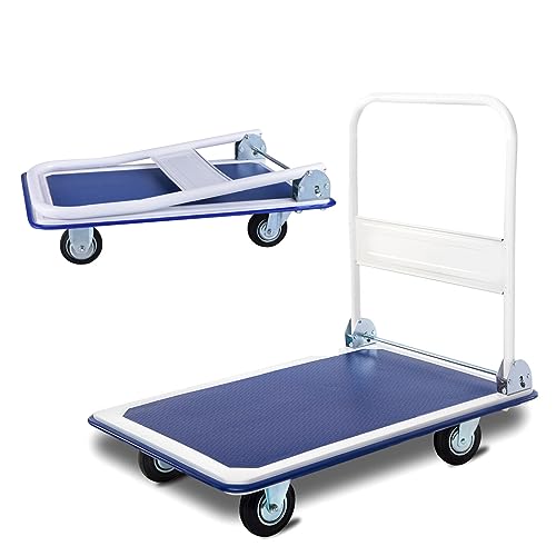 Beauenty Folding Lightweight Trolley Flatbed Pulling Truck Push Cart Platform Truck Silent Flatbed Trolley Porter Heavy Duty Thickened Hand Trucks Flatbed Pulling Carts Load Capacity 150kg
