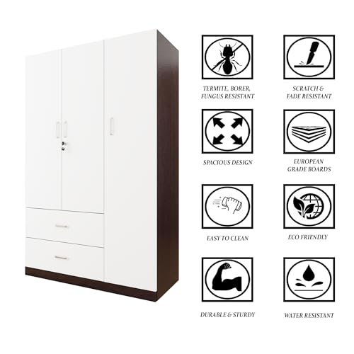 Image of VIKI Wardrobe | Wooden Almirah for Clothes,Door for Bedroom, 3 Door Wardrobe with Drawer & Hanging Space (Dark Wenge, Frosty White - 40D x 120W x 180H) | 1 Year Warranty | Free Assembly