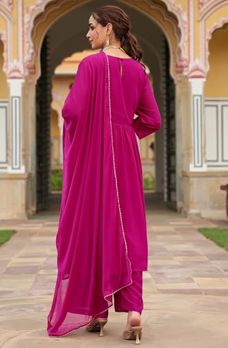 Image of Janasya Women's Georgette Embroidered A-line Kurta with Palazzo Dupatta Set