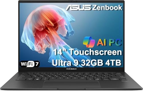 ASUS Zenbook 14 AI PC OLED Touchscreen Laptop, Intel Ultra 9 285H, 32GB DDR5, 4TB SSD, 14" FHD+, 16-Core (> i9-13900H), Backlit, 2x Thunderbolt 4, Wi-Fi 7, 18-Hr Battery, IR Webcam, Win 11 Pro, UX3405