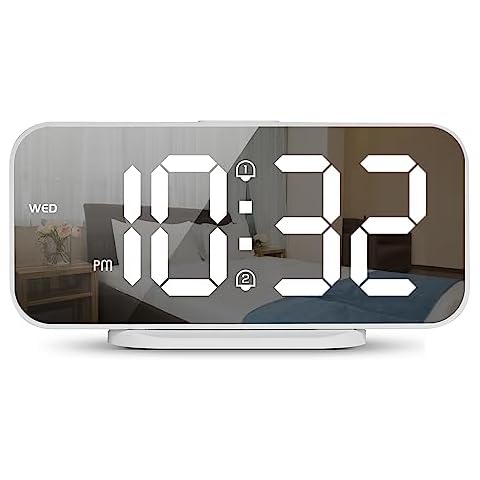 ALANAS Digital Alarm Clock with Dual Alarms, Mirror LED Bedroom Alarm Clocks for Kids, Adjustable Brightness, Snooze, 2 USB Ports for Cellphone Charging, 12/24 Hour Display., White Cover