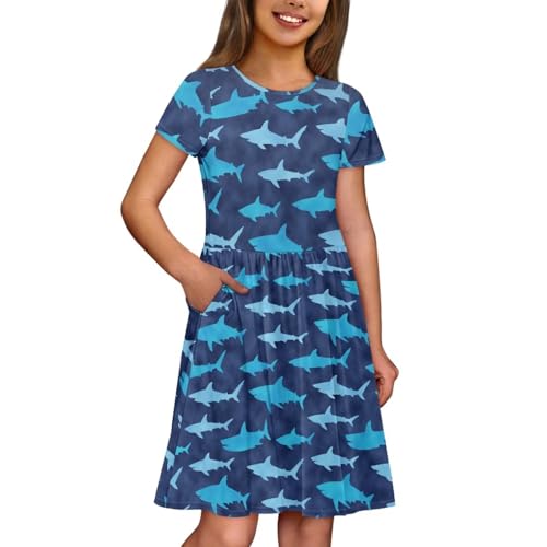 Image of Girls Dress with Pockets Basic Short Sleeve High Waist Swing Skater Dress School Party Dress for Kids