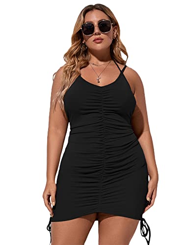 Romwe Women's Plus Size Casual Sleeveless Halter Bodycon Spaghetti Strap Short Tank Dress Black 3Xl #TOP4