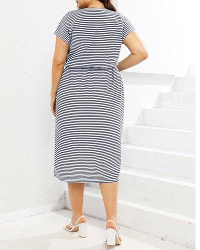 Pinup Fashion Women Plus Size Summer Dresses - Casual Work T Shirt Round Neck Midi Dress with Pockets4