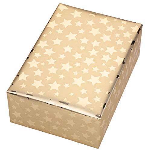 Rouleau de papier cadeau 50 cm x 50 m Motif diadème doré brillant étoiles dorées sur fond doré mat pour Noël, anniversaire, Noël